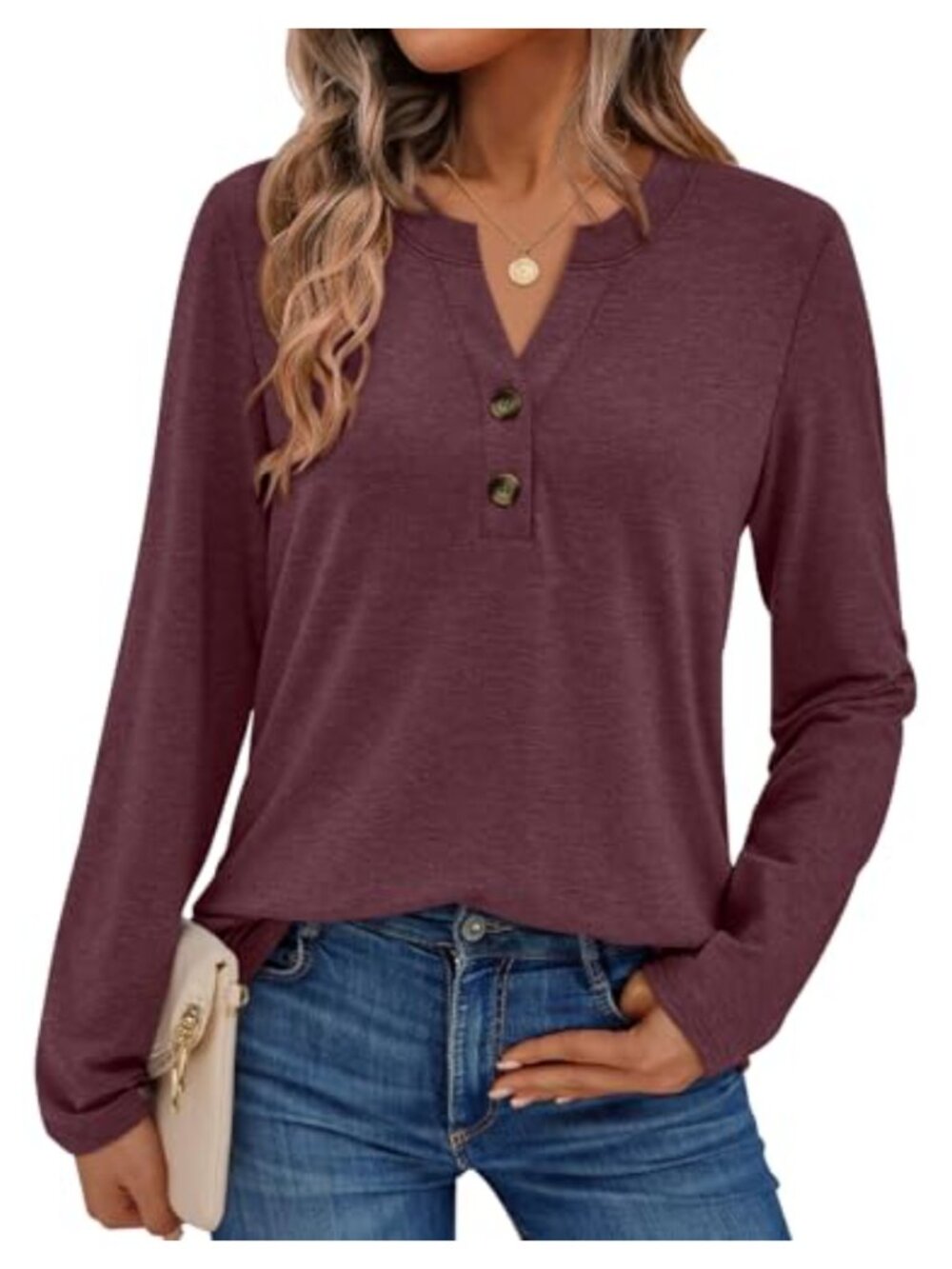 AUTOMET Women's Long Sleeve Button Up Henley Top Loose Fit Casual Blouse
